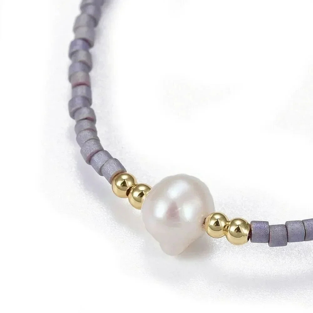 Handcrafted Real Freshwater Pearl Thistle Purple Japanese Glass Beads Bracelet